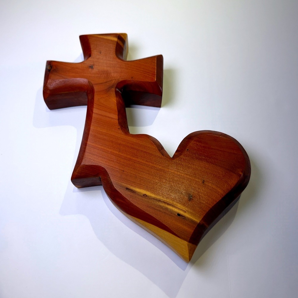 Handmade Cedar Wood Heart Cross Wall Decor Religious Christian Art 1016B9